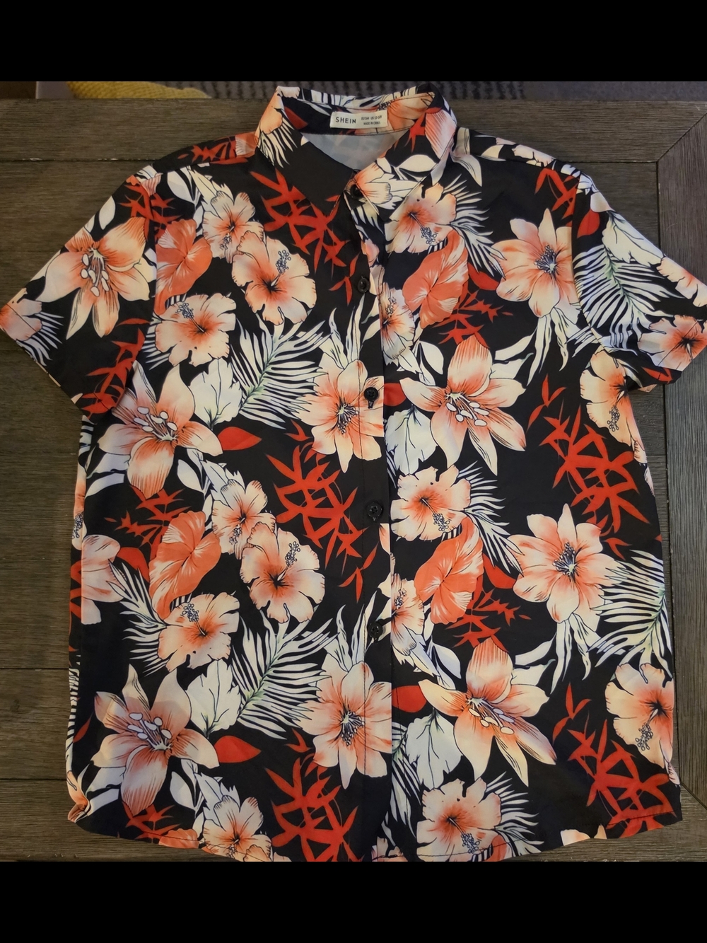 SHEIN Boy's Black Short-Sleeve Floral Button-Down Shirt